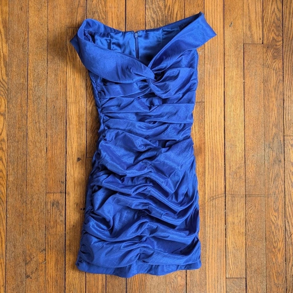 Vintage 90's Y2k Jessica Mcclintock Royal Blue Taffeta Ruched Formal Mini Cockta